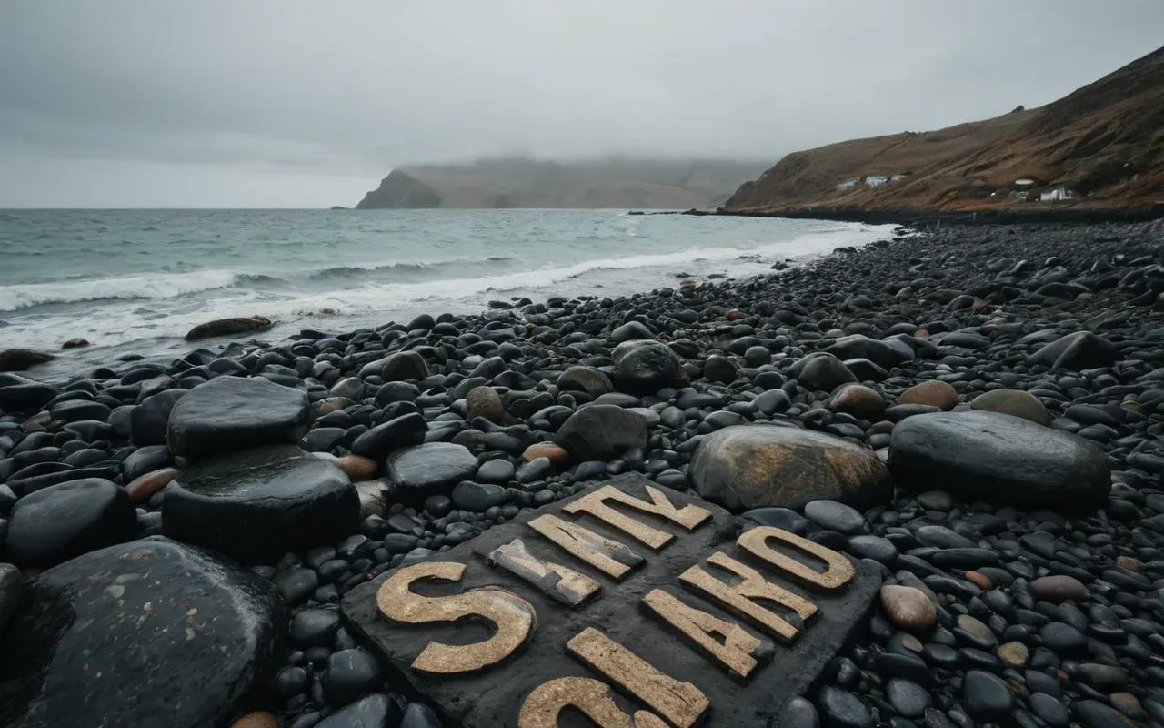 A wide angle view of a calm ocean shoreline with exposed rocky areas where the tide has receded. The sky is overcast creating a moody atmospheric setting suitable for ancient exploration.