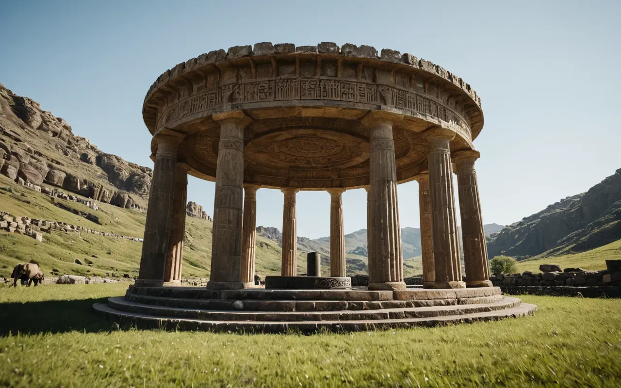 A wide angle view of a circular stone structure with tall vertical pillars carved with abstract shapes surrounded by open grassy terrain under bright daylight showing intricate geometric patterns on the surfaces.