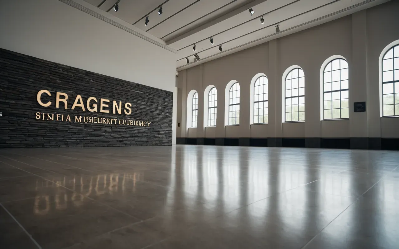 A wide angle view of a modern museum interior with polished floors and natural light streaming through large windows creating a calm atmosphere without any text.