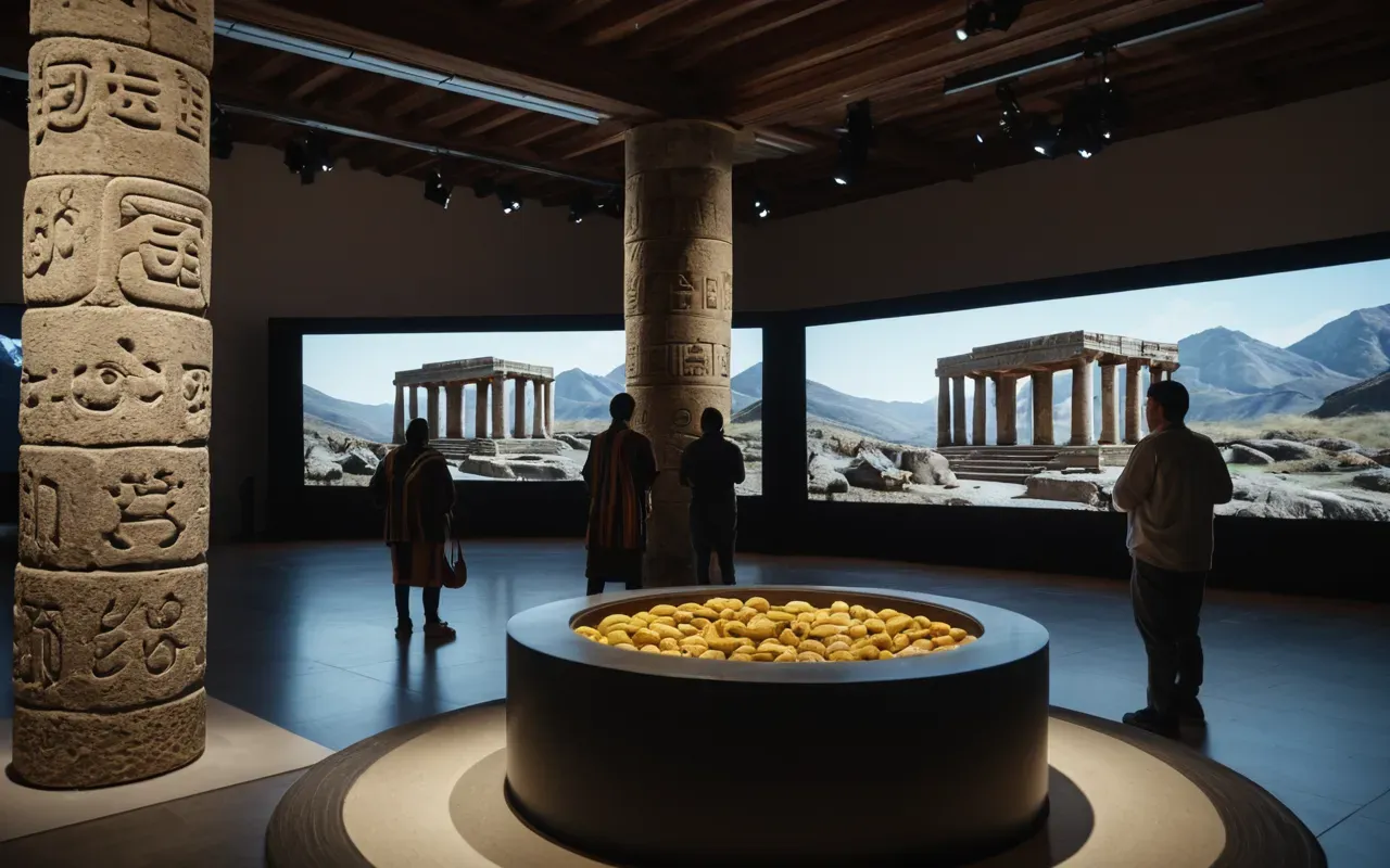 A wide-angle view of a modern virtual reality center with large screens showing animated stone pillars being moved by figures in prehistoric clothing. The room is dimly lit with blue ambient lighting from the displays, creating a futuristic contrast to ancient history.