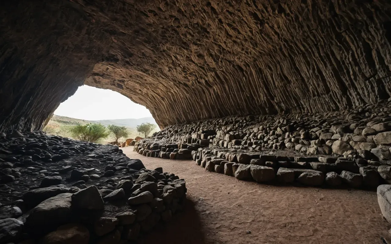 A wide angle view of a prehistoric cave interior showing multiple distinct layers of dried vegetation and charcoal deposits along the curved rock wall under natural light.
