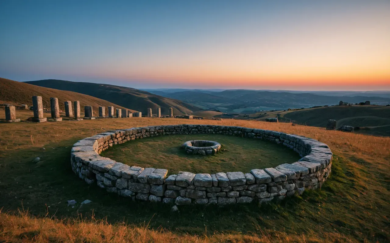 Gobeklitepe monumental structures A wide-angle view of an ancient stone circle structure on a hillside at dusk. The sky is deep blue with orange hues near the horizon. Tall T-shaped pillars stand in a semi-circle, casting long shadows across the dusty ground. No people are visible.