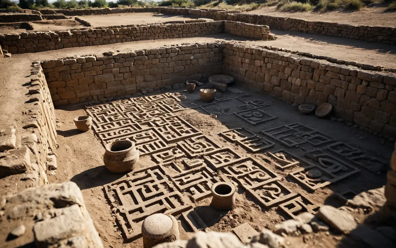 archaeology site A wide-angle view of an archaeological excavation site with deep trenches and exposed stone foundations. Archaeological tools are scattered neatly on the dirt floor. The lighting is soft morning light creating long shadows across the dug earth.