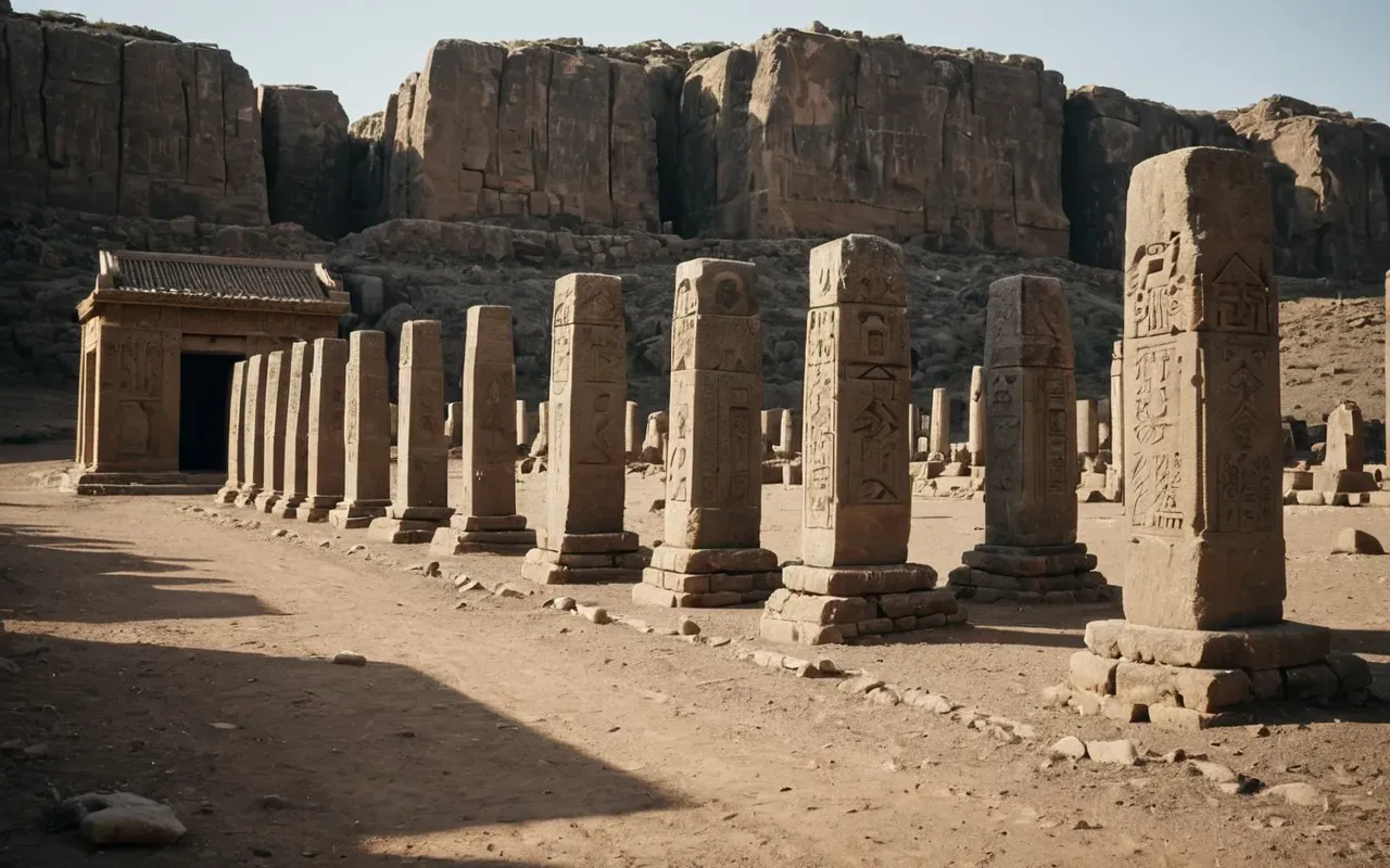 A wide-angle view of ancient stone pillars rising from the ground in a dusty, open landscape. The stones are weathered and grey with intricate animal carvings visible on their surfaces. Soft morning light casts long shadows across the earth.