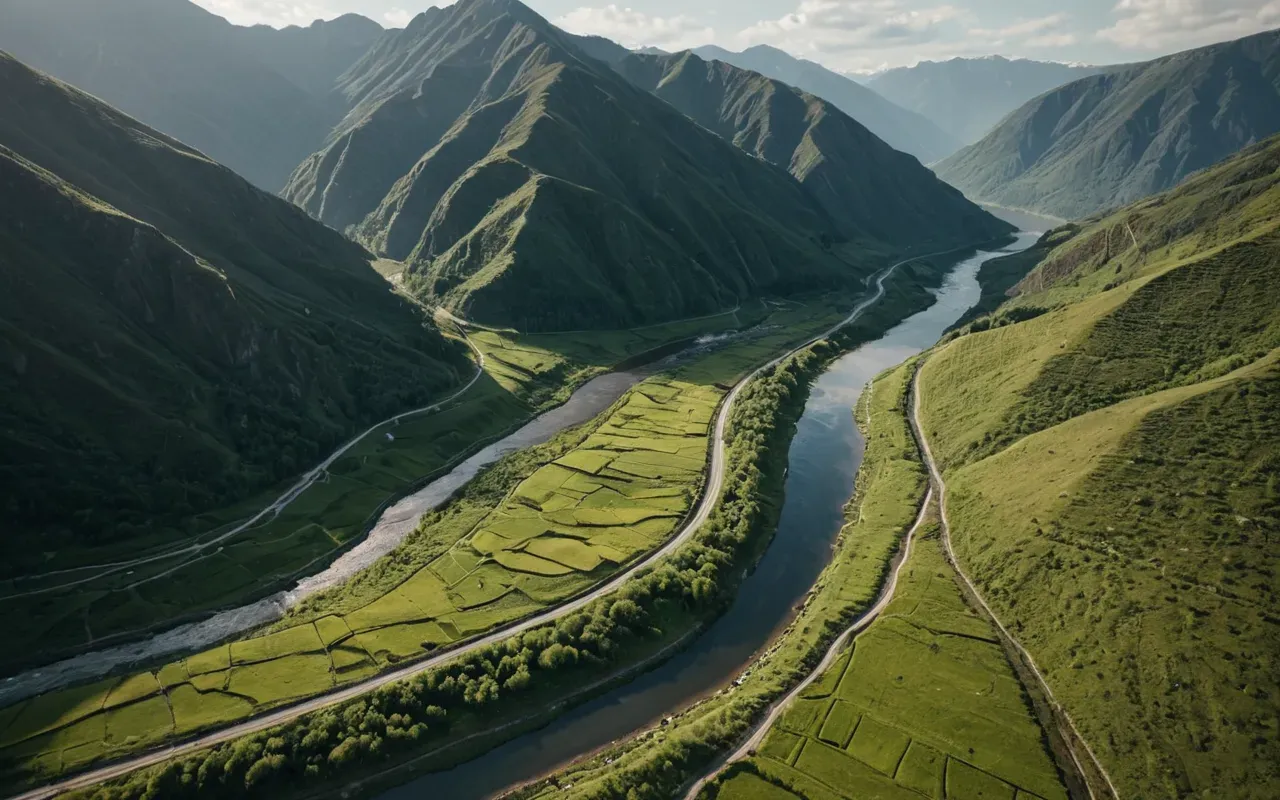 A wide photo-realistic shot of a mountainous basin with lush green valleys and winding rivers seen from an aerial perspective under soft morning light.