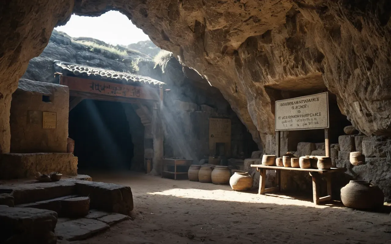 prehistoric cave atmosphere A wide shot of a dimly lit cave interior with limestone walls. Natural light streams in from an opening at the top, illuminating dust particles in the air. The floor is covered with scattered stone artifacts and earthy tones dominate the scene.