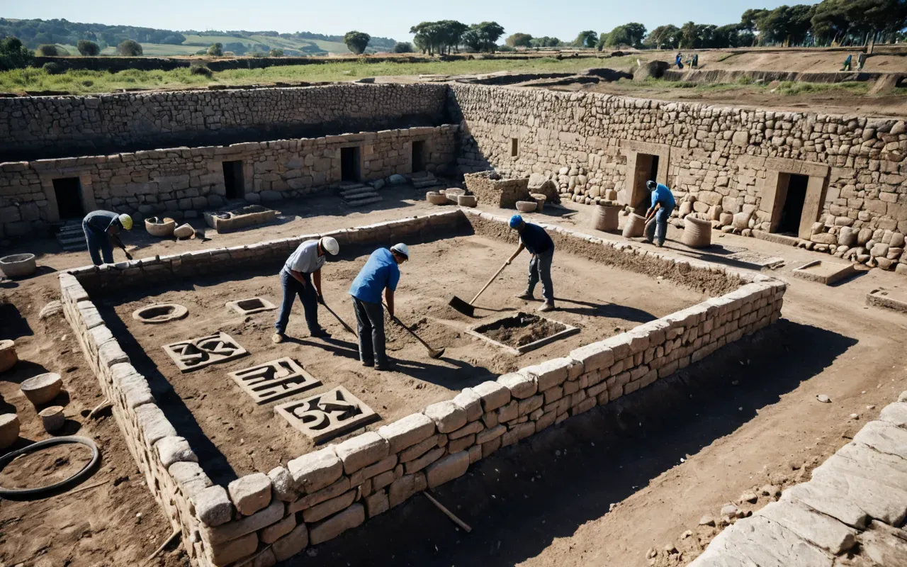 A wide shot of a modern archaeological dig site with workers using brushes and trowels under a clear blue sky revealing stone foundations in the earth.