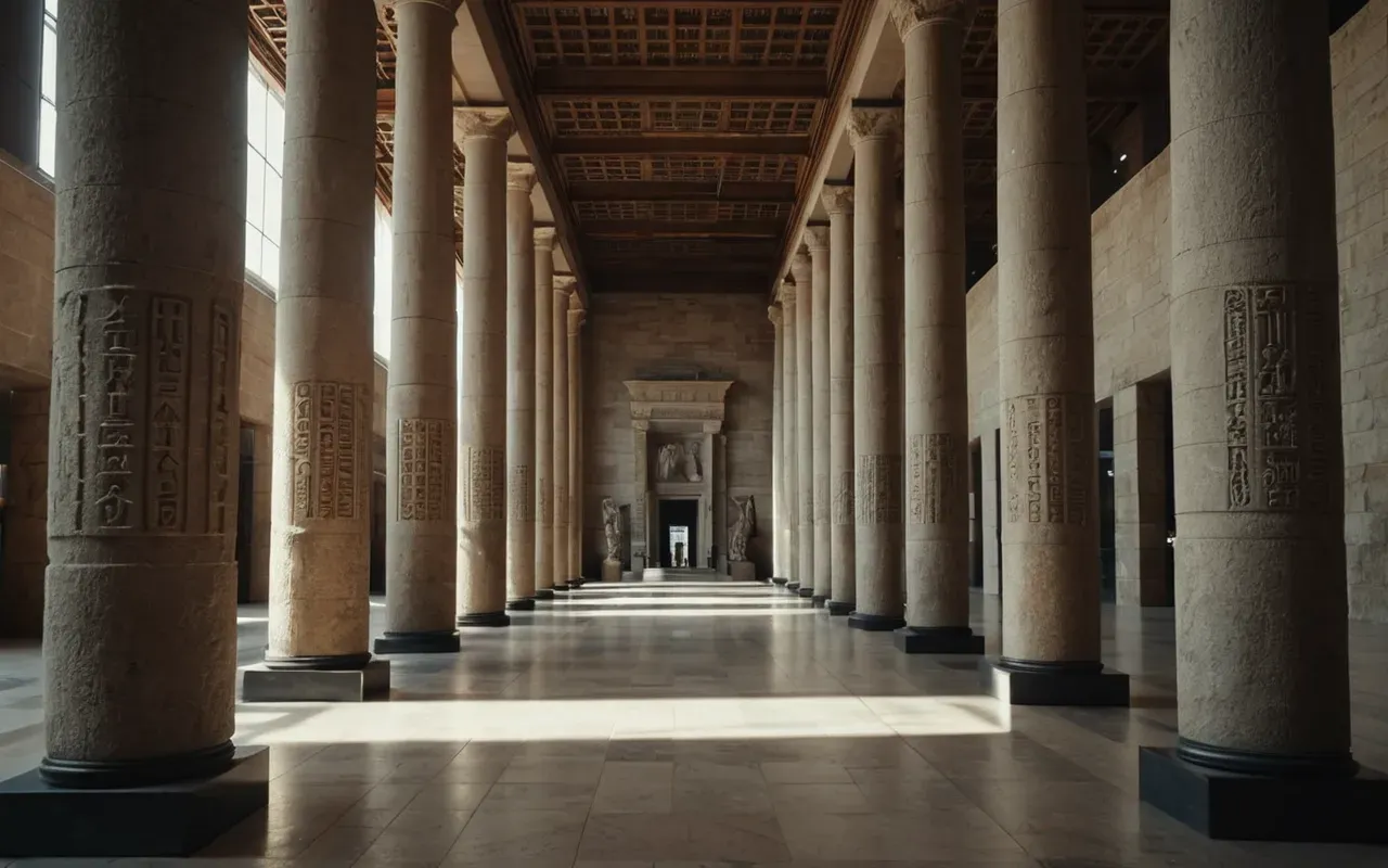 A wide shot of a modern museum interior with large T-shaped stone pillars standing in the center. The lighting is warm and dramatic.