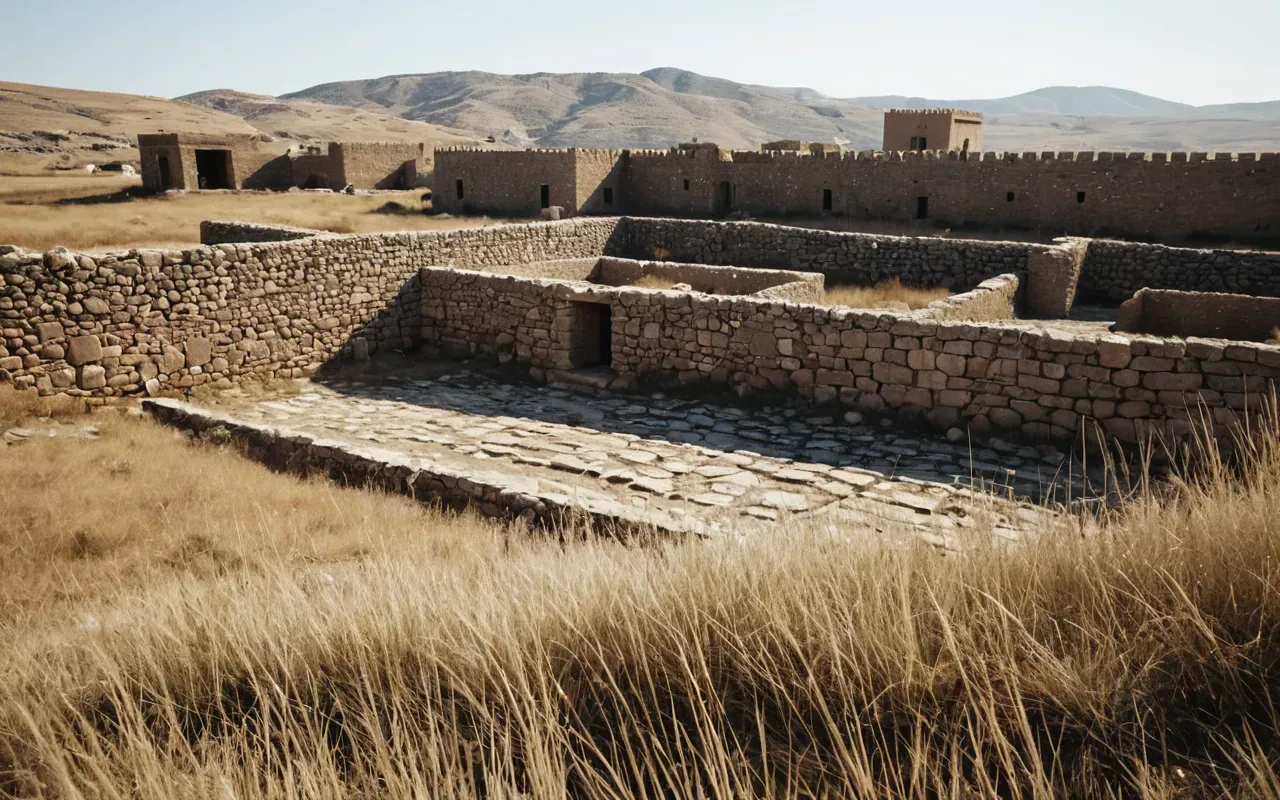 A wide shot of an ancient settlement area with scattered stone foundations and low earthen walls surrounded by dry grasses under a bright clear sky showing the scale of human habitation across a gentle hillside landscape without any modern structures or text.