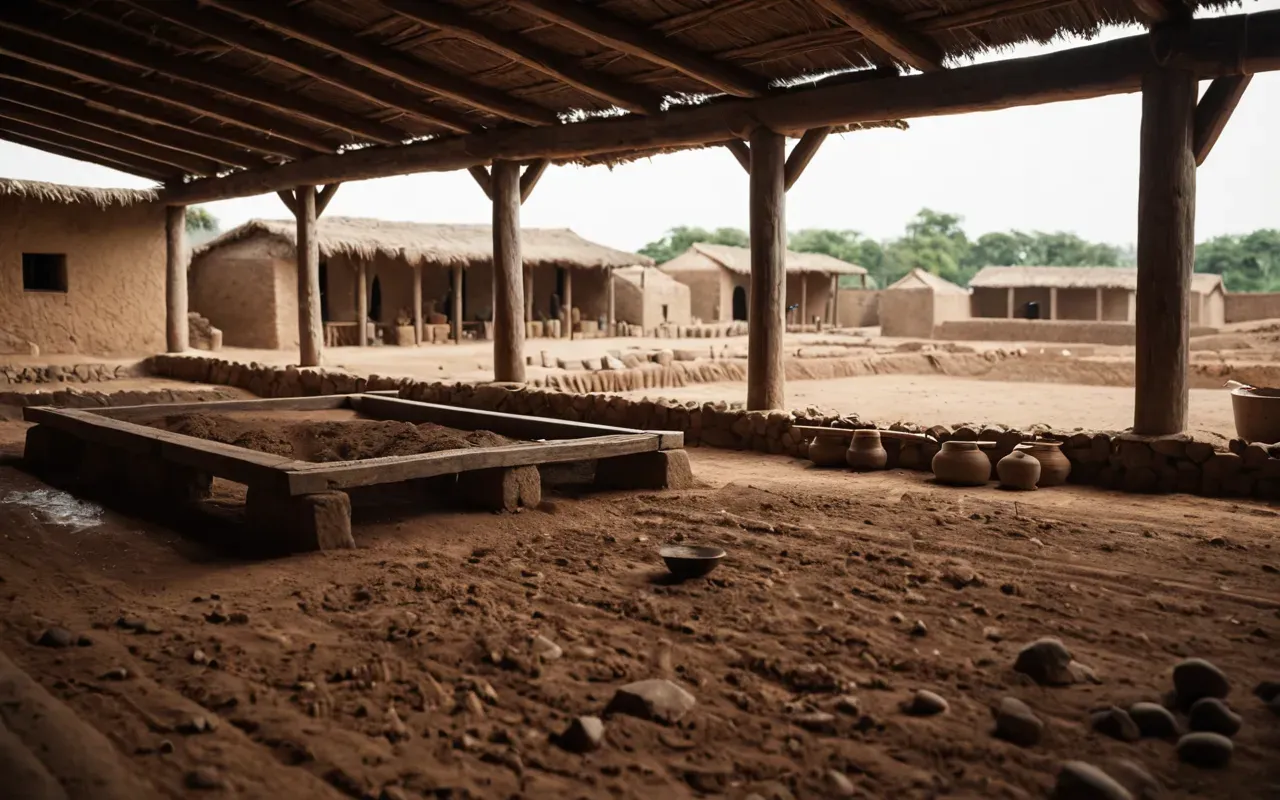 A wide shot of an open earthen excavation site with wooden support beams and archaeological tools laid out on the dirt floor.
