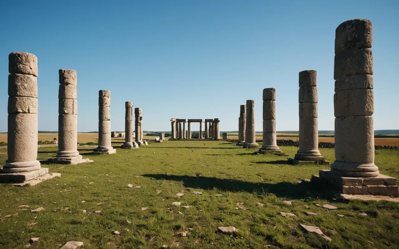 stone pillar arrangement A wide shot of an open field with scattered large stone pillars standing in a circle under a clear blue sky. The lighting is bright and natural.