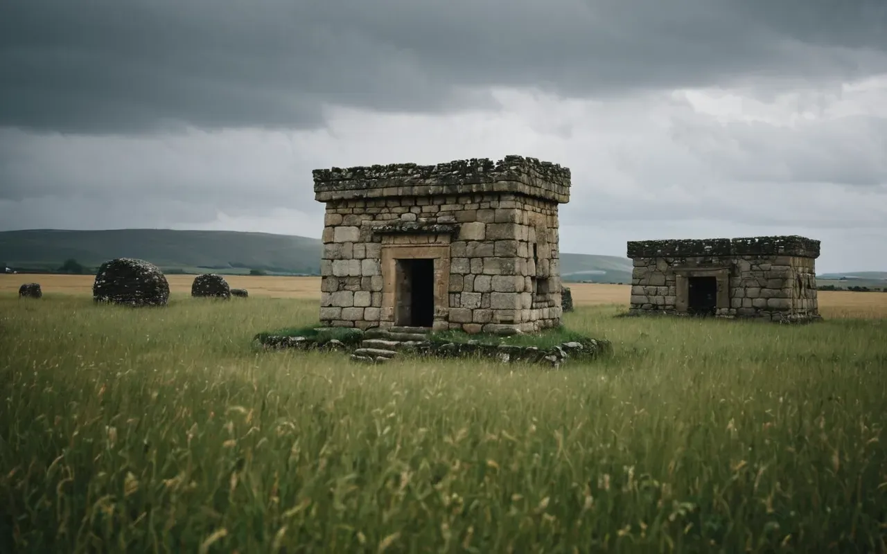 ancient stones A wide shot of ancient stone structures in a field under overcast skies with soft diffused light and no people present creating a sense of isolation and mystery