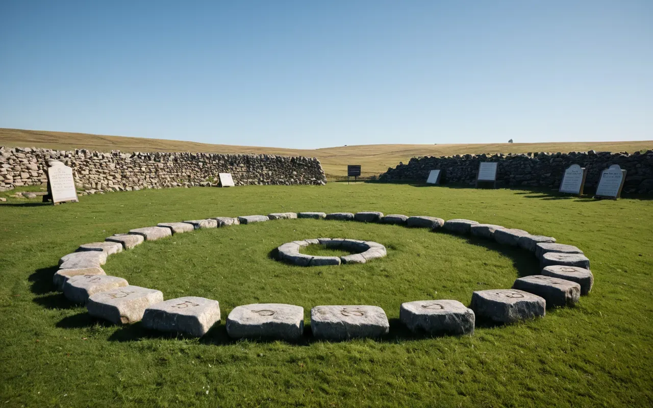 stone arrangement A wide view of an open grassy area with several large upright stones arranged in a circle under a clear blue sky.