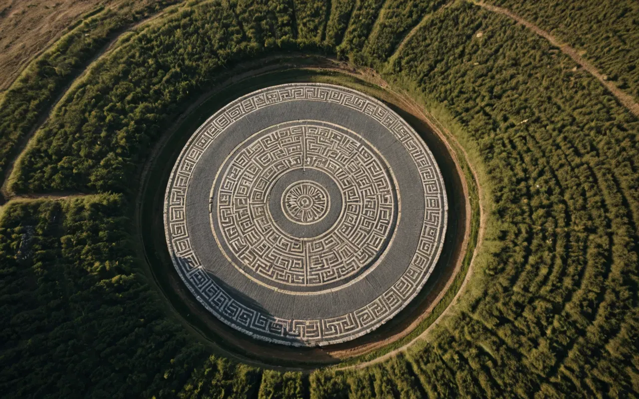 Aerial view of a vast landscape with subtle circular patterns in the ground suggesting ancient human activity under soft evening light.