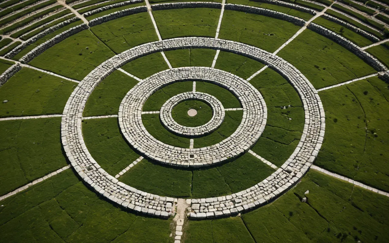 Aerial view of circular stone structures arranged in a pattern on a green landscape with small trees and dry earth paths visible between the rings.