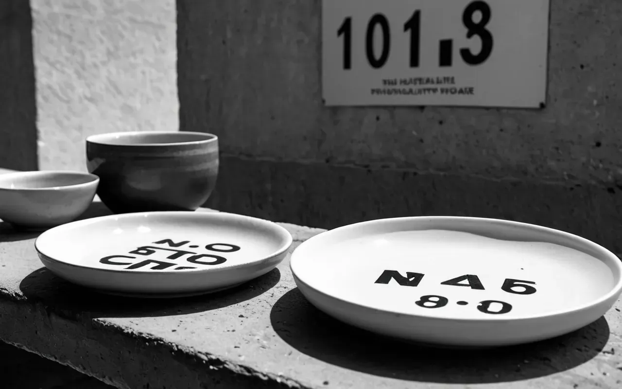 Clean editorial still life of ceramic dishware on a concrete surface diffused soft light monochrome neutral tones
