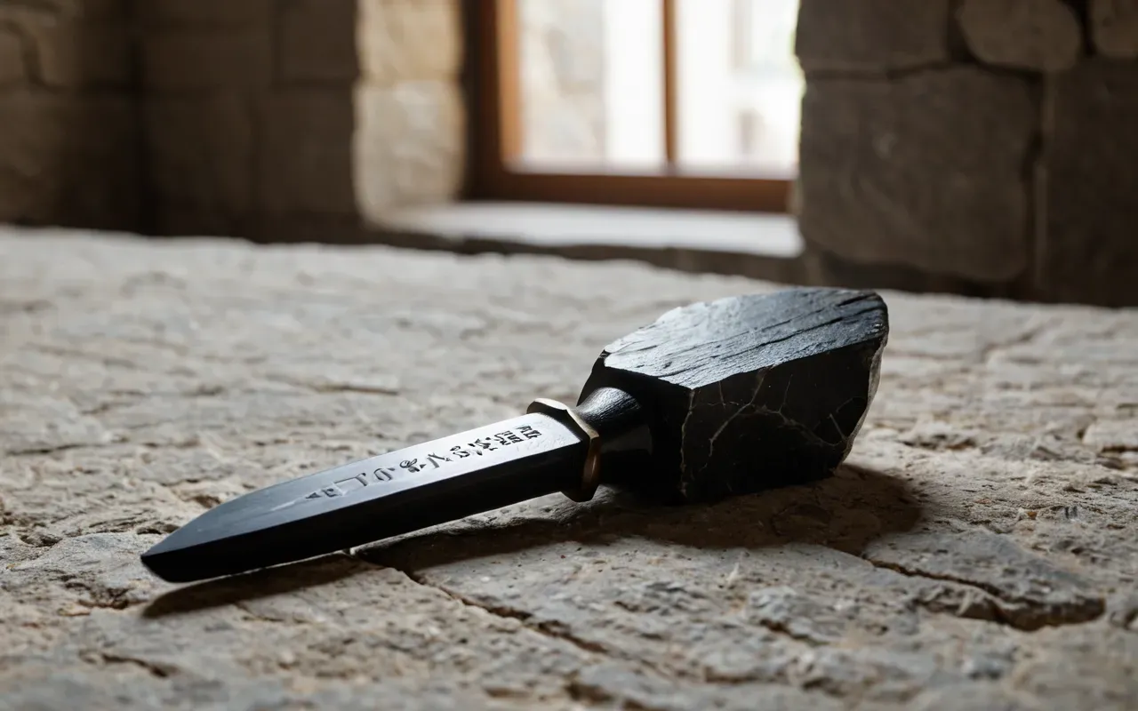 Close-up macro photograph of a sharp obsidian flint tool resting on rough textured limestone stone surface with soft natural window light from the left side creating deep shadows and highlighting the glossy black edges of the ancient artifact in high detail.