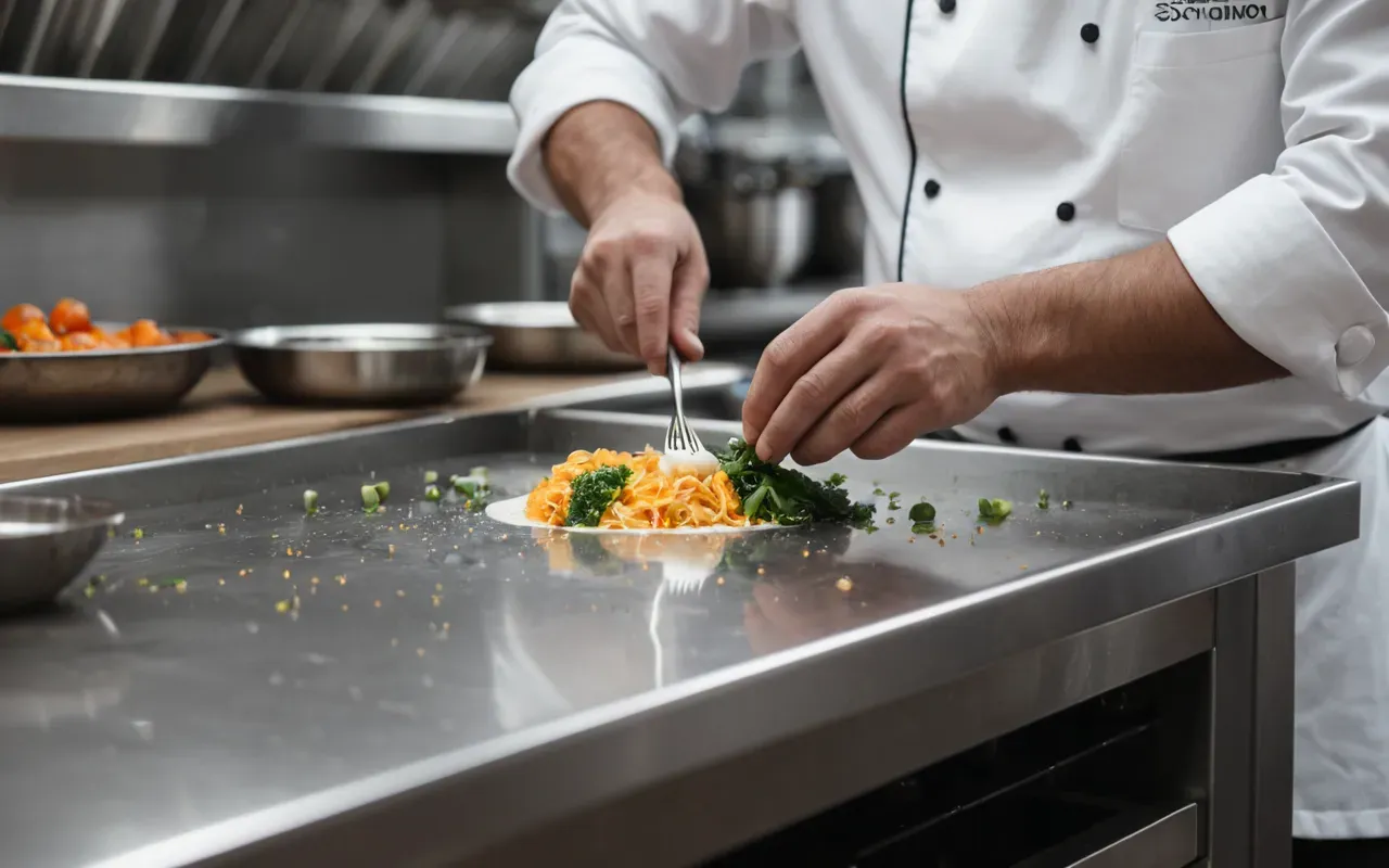 Close up of a chef plating contemporary cuisine in a clean stainless steel professional kitchen shallow depth of field