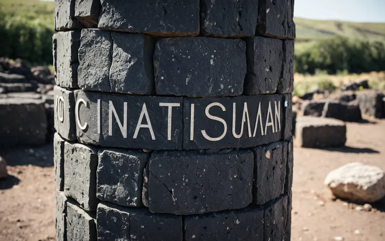 Close-up of a large fractured basalt column in an outdoor excavation site with visible crack lines and rough stone texture under bright natural daylight.