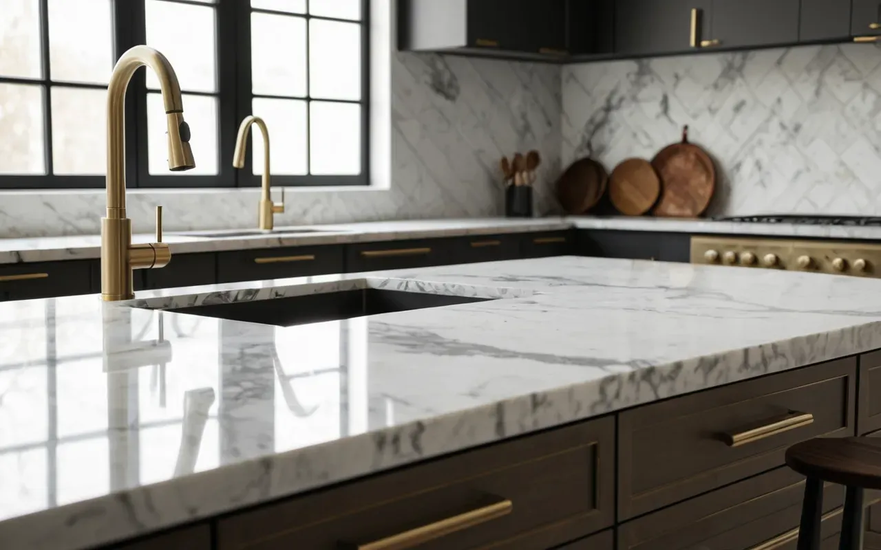 t-shaped pillars symbolism Close-up of a modern minimalist kitchen interior with marble countertops and brushed brass fixtures under soft natural daylight in an editorial style.