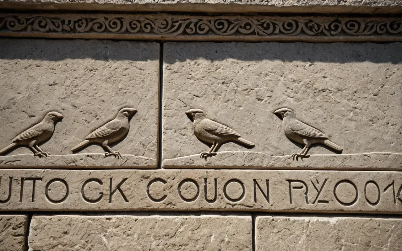 Close up of a weathered limestone surface showing detailed carved reliefs of birds and reptiles with natural shadows highlighting the depth of the stone work.