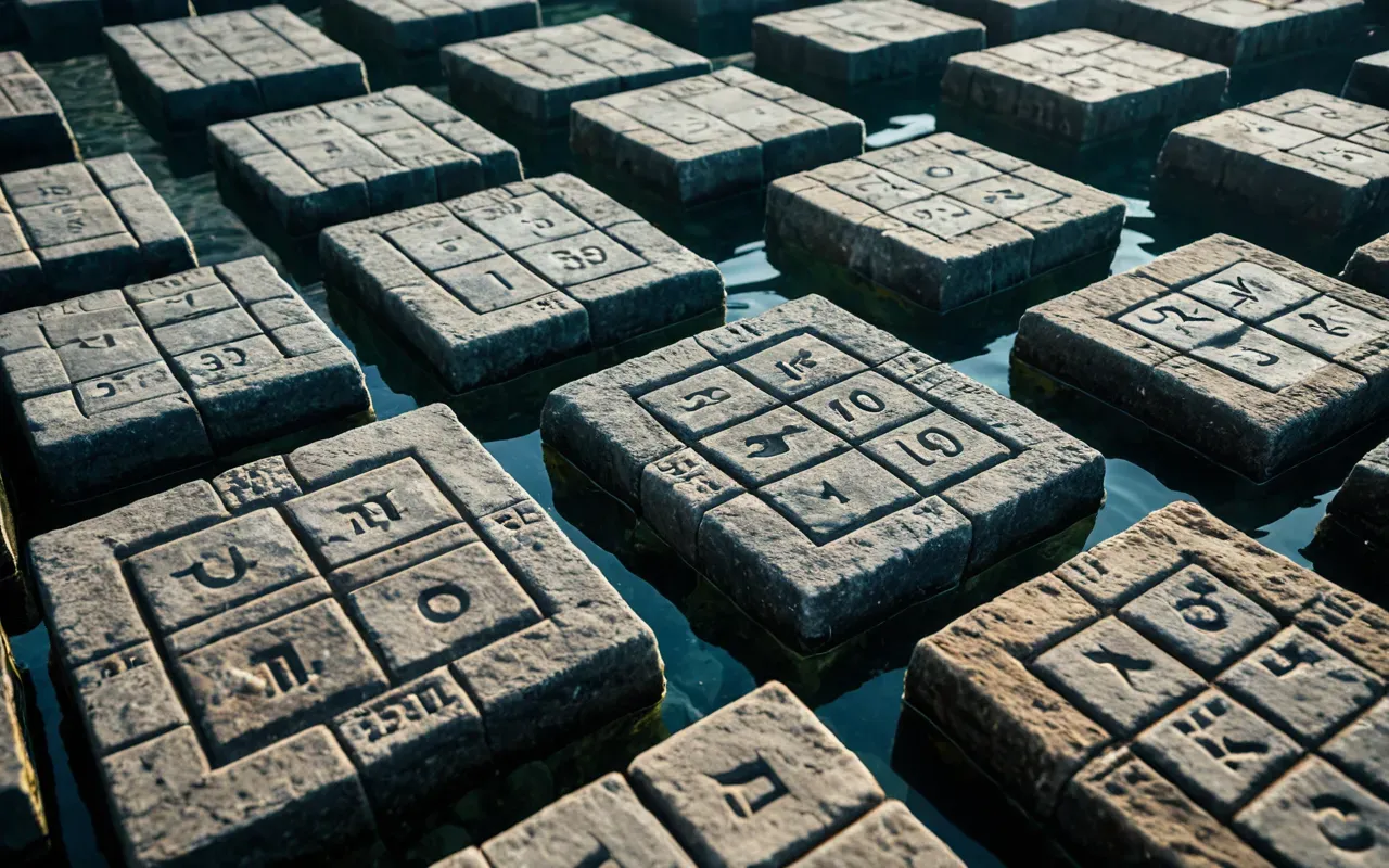 Close up of ancient stone slabs with weathered surfaces arranged in a geometric grid pattern underwater surrounded by clear cold water and small fish.