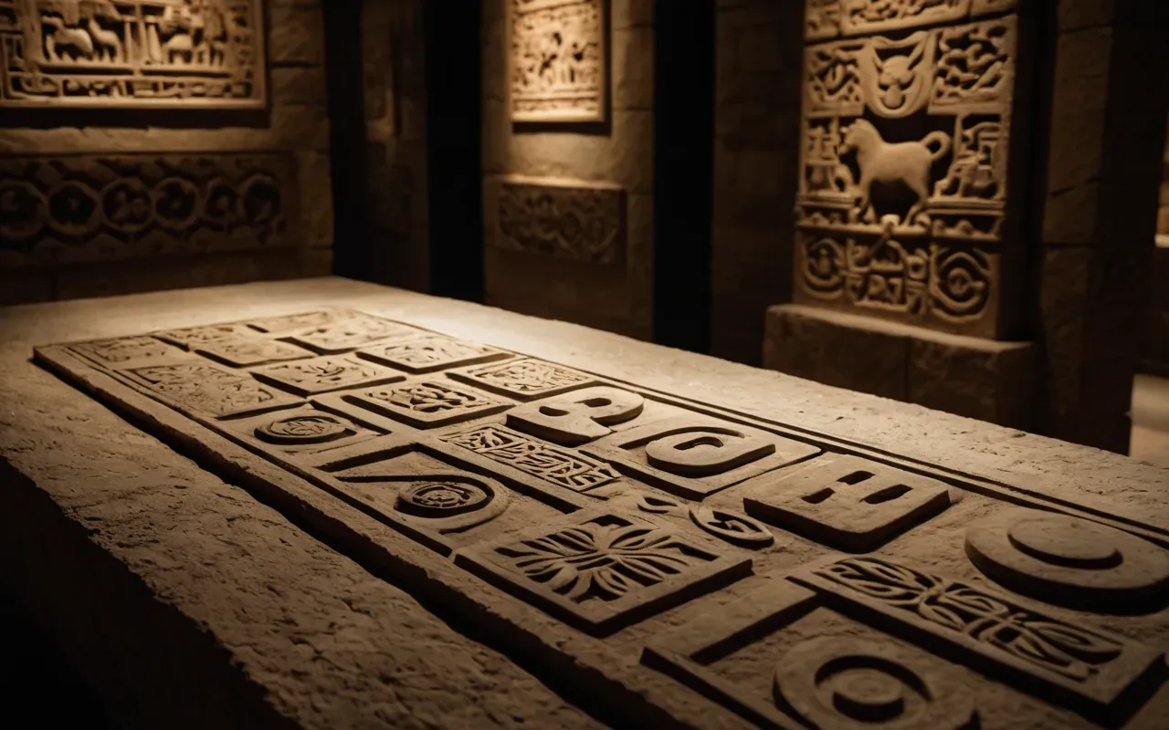 Close up of rough limestone surfaces with detailed carvings of animals and abstract shapes, illuminated by a single warm spotlight in a darkened museum exhibit space.