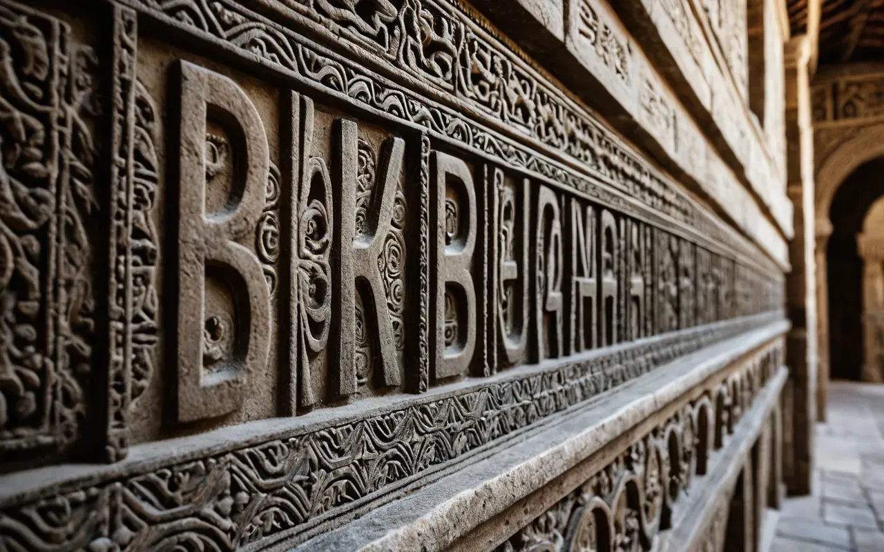 Close up of rough textured stone surfaces showing carved details and weathering patterns with natural light highlighting the depth of carvings on ancient architectural elements.