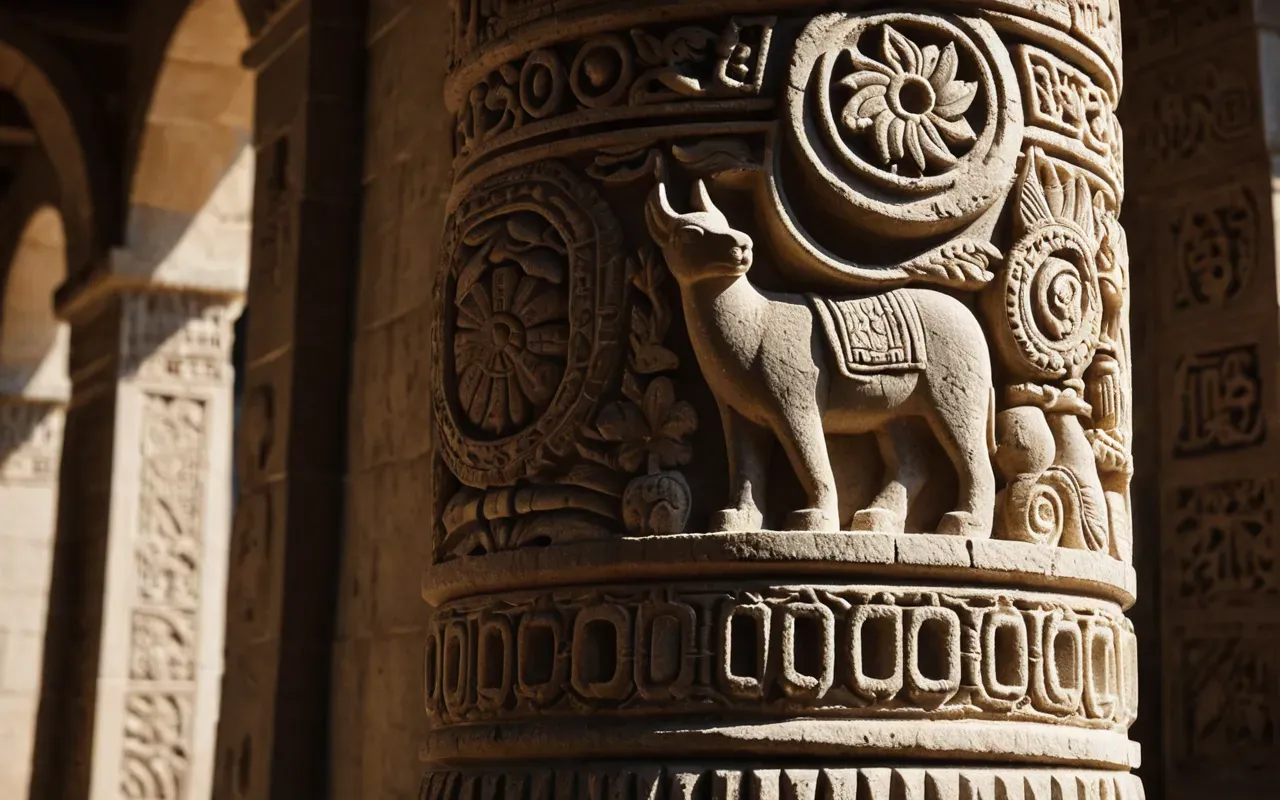 Close up view of a carved limestone pillar with abstract animal reliefs under natural light emphasizing the depth and precision of the ancient craftsmanship.