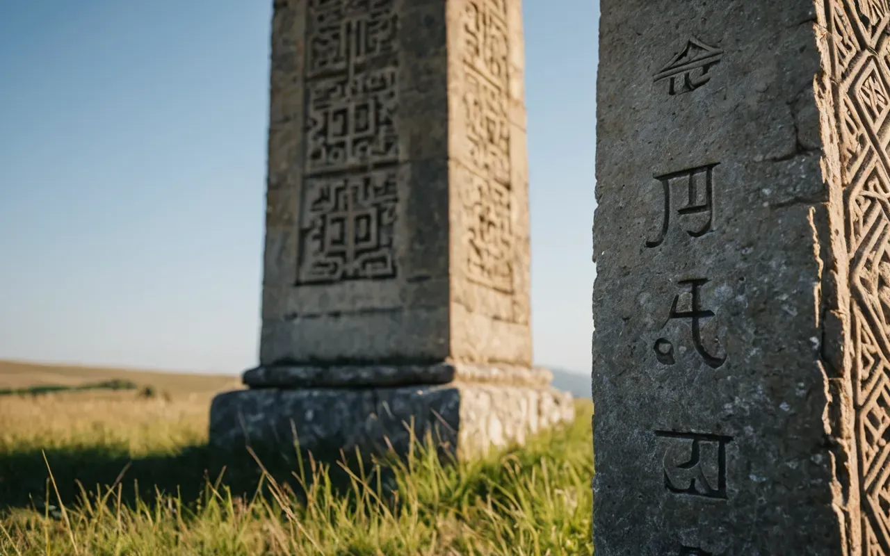t-shaped pillars Close up view of a weathered stone pillar with T-shape top standing on grassy terrain under bright sky showing geometric precision and ancient texture details without any text or captions.