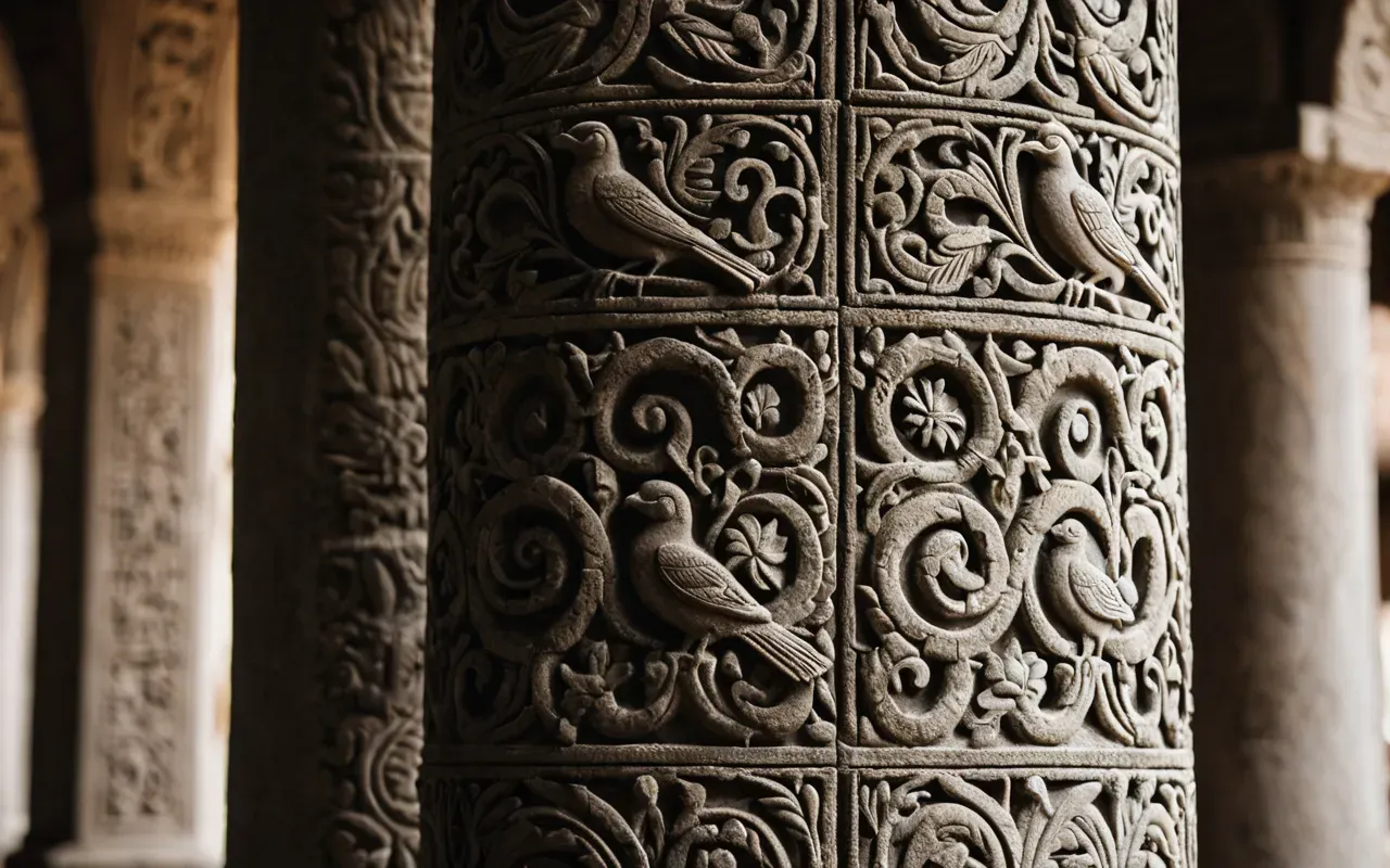 stone carvings details Close up view of intricate stone carvings depicting birds and snakes on a large vertical pillar with natural light highlighting the chisel marks in the rough limestone texture.
