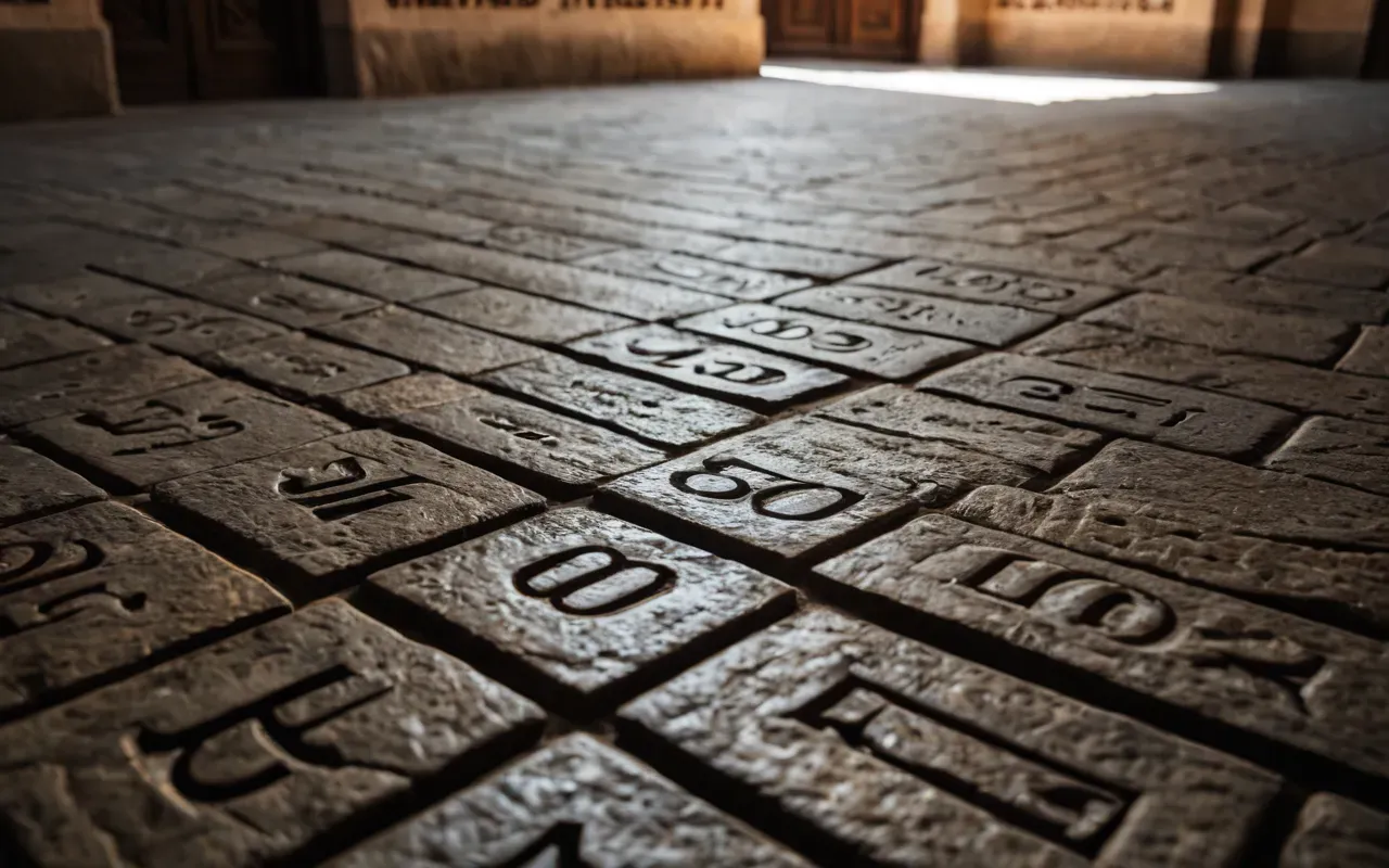 carved drainage channels Detailed close up of carved stone channels on the floor surface with visible wear patterns and smooth edges under bright overhead lighting showing the precision of ancient carving work