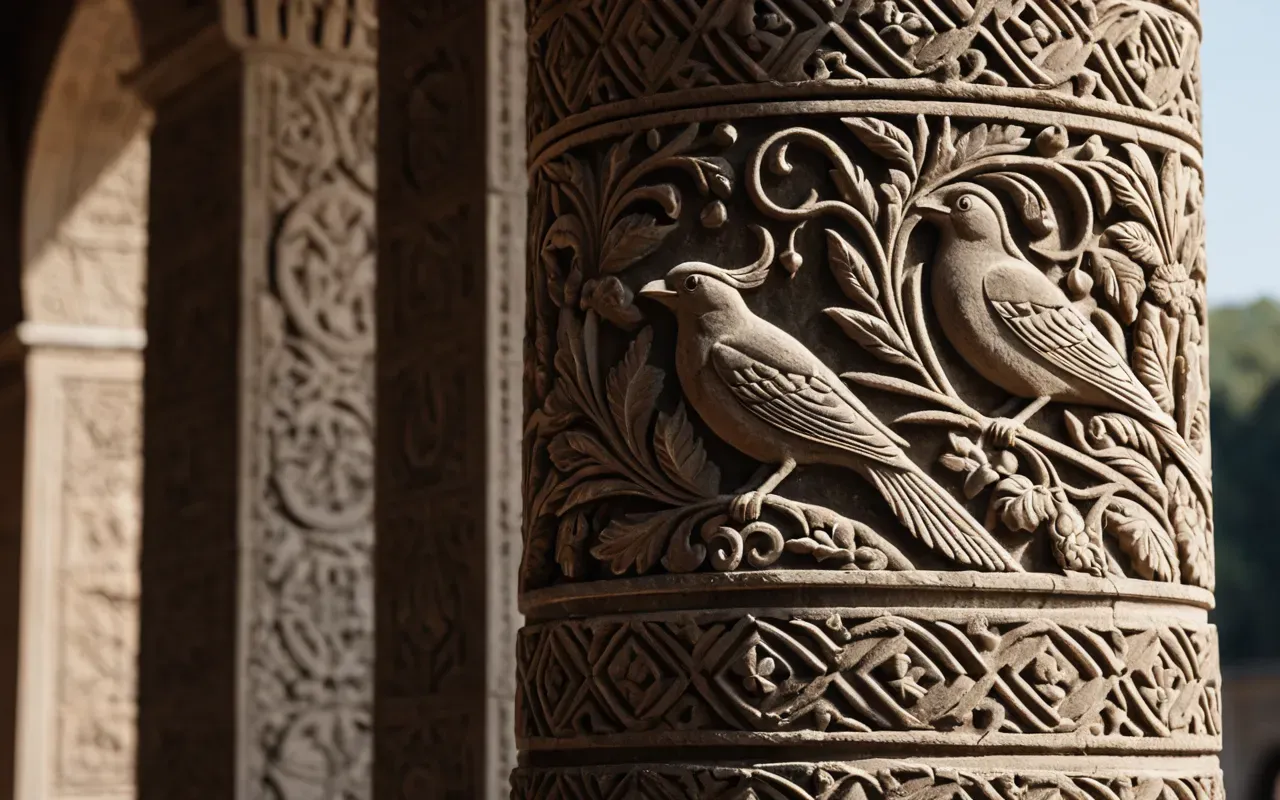 neolithic astronomy Detailed close up of intricate stone carvings depicting bird shapes on a large pillar surface with soft natural lighting highlighting the depth and precision of ancient craftsmanship without any text.