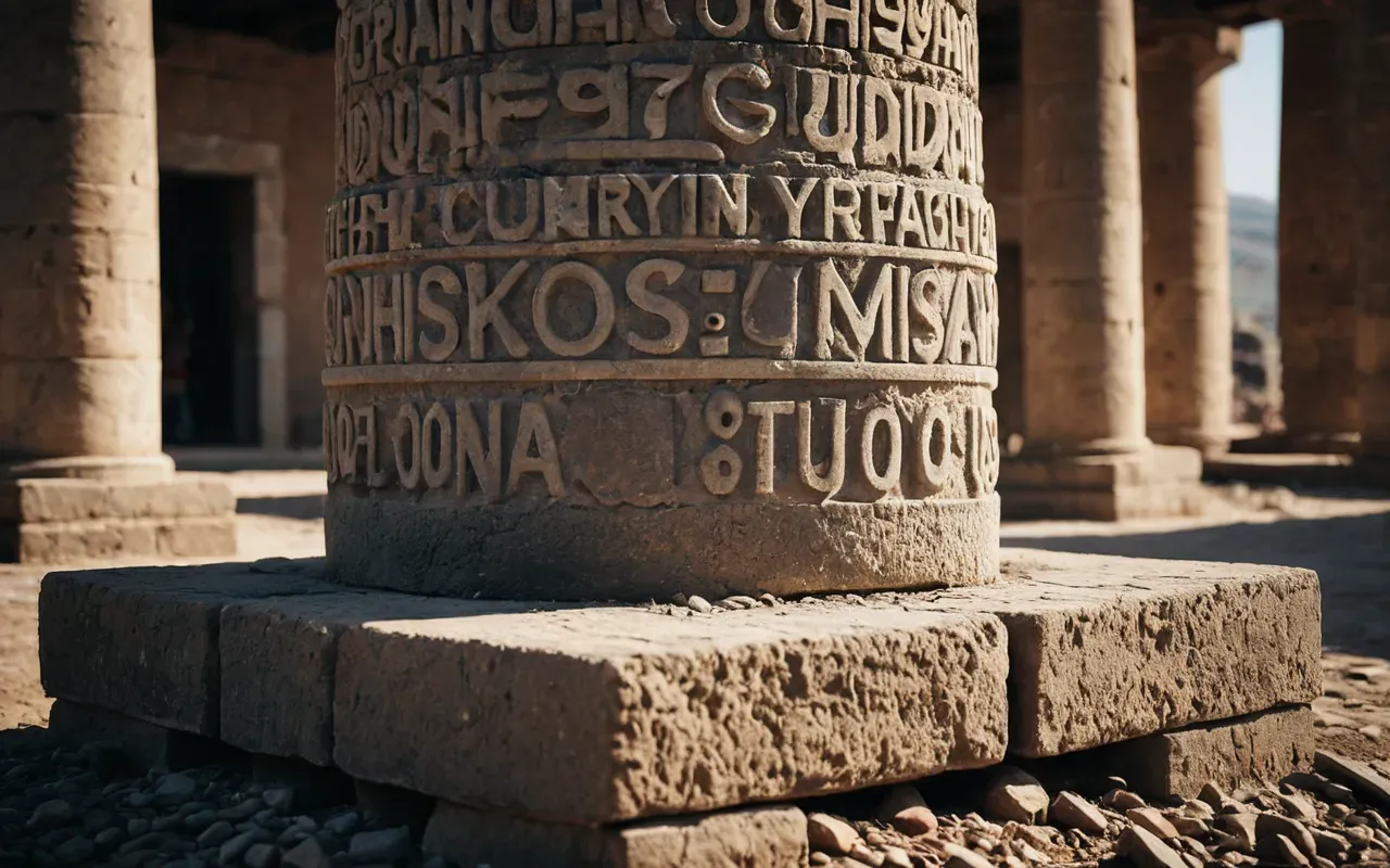 Detailed view of stone fragments and compacted earth layers around a large pillar base showing evidence of structural reinforcement and ancient construction techniques.