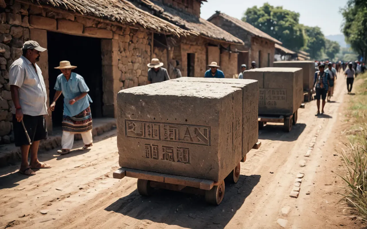stone transportation scene Digital illustration style rendering of a large stone block being moved by many people using wooden rollers on a dirt path under bright daylight.