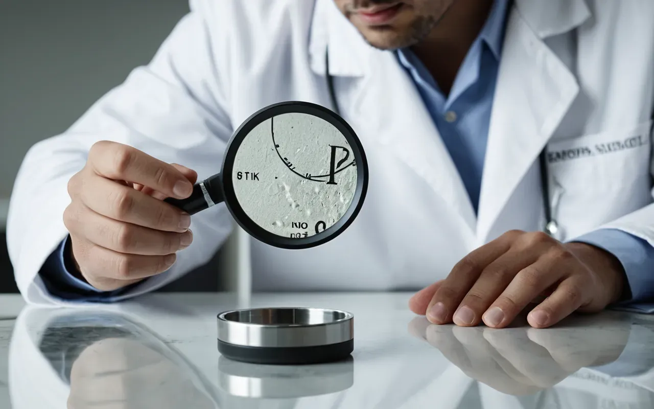 Editorial photograph of a modern scientist in a white lab coat using a handheld magnifying glass to inspect the edge of a small sharp stone artifact on a clean gray laboratory table with bright clinical lighting.