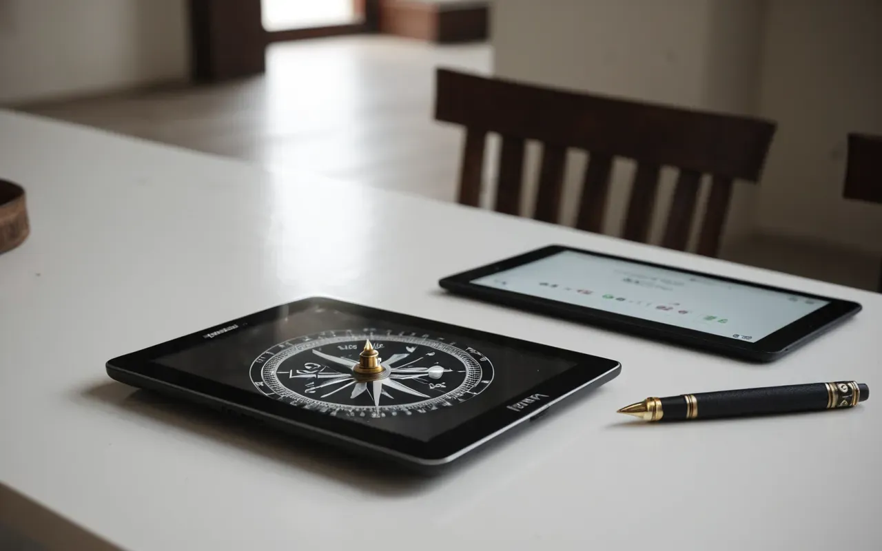 old vs new tools Editorial still life of a vintage compass and a modern digital tablet side by side on a clean white table with soft shadows indicating the bridge between old and new measurement tools without any text visible