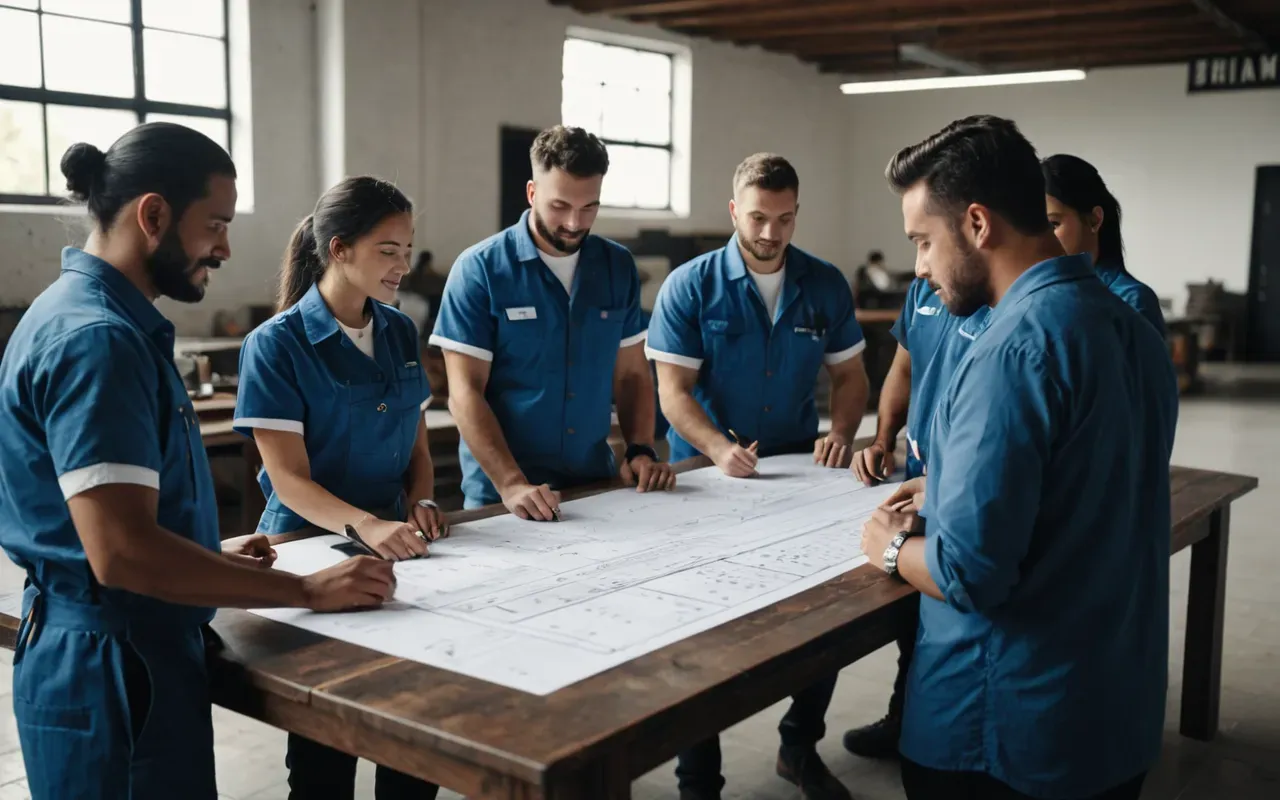 team collaboration scene Group of people in modern work clothes collaborating around a large table with blueprints and models under bright indoor lighting showing teamwork and planning process without any text or logos visible