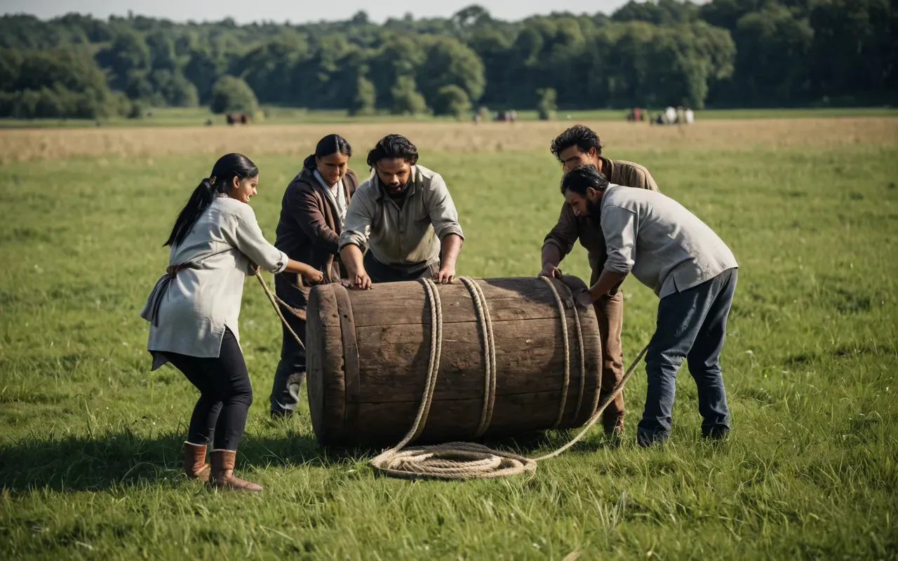 group cooperation scene Group of people in neutral modern clothing working together to move a large object with ropes and wooden levers in an open grassy field.