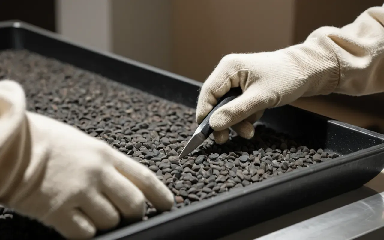High resolution close-up of hands wearing light beige cotton gloves carefully placing a small sharp flint tool into a protective foam tray inside a modern museum display case with soft diffused lighting highlighting the delicate texture of the stone edges.
