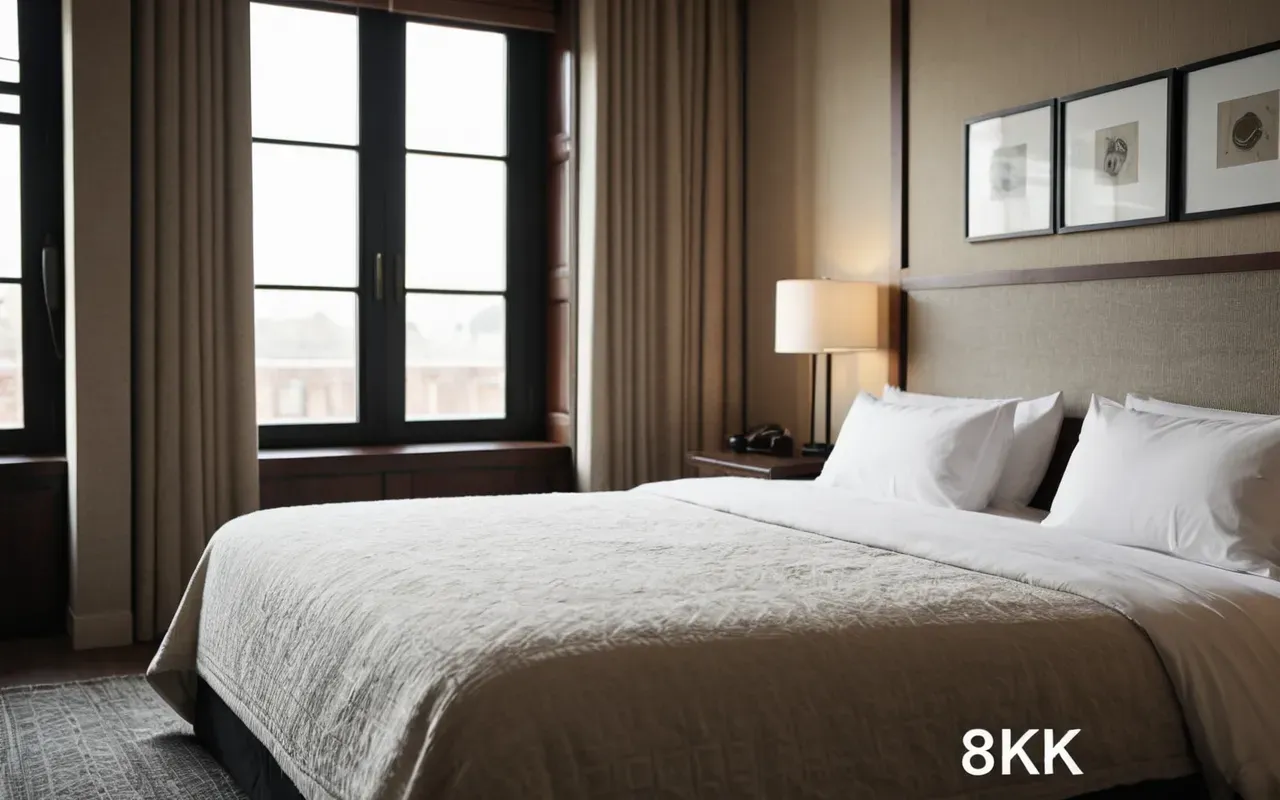 Interior of a modern boutique hotel suite with made bed neutral linens and large windows soft morning light editorial photography