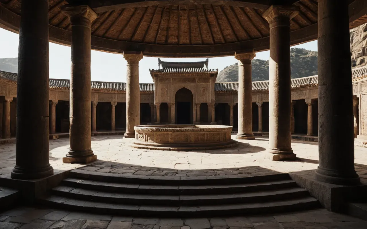 Interior view of a circular stone enclosure with tall pillars surrounding an open central area and natural light filtering in from the top creating dramatic shadows.