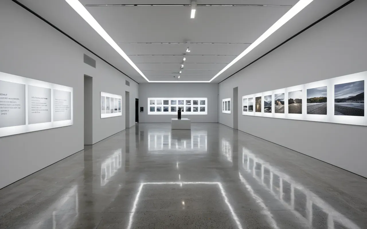 Interior view of a modern museum gallery with clean white walls and polished concrete floors displaying detailed diagrams and stone artifacts under bright LED lighting.