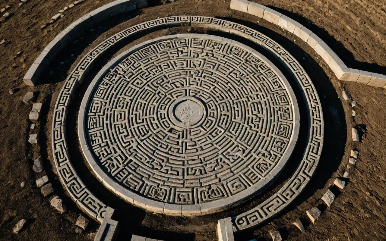 Overhead view of a circular arrangement of stone blocks on flat earth ground with soft shadows cast by late afternoon sun emphasizing the geometric precision of the layout.