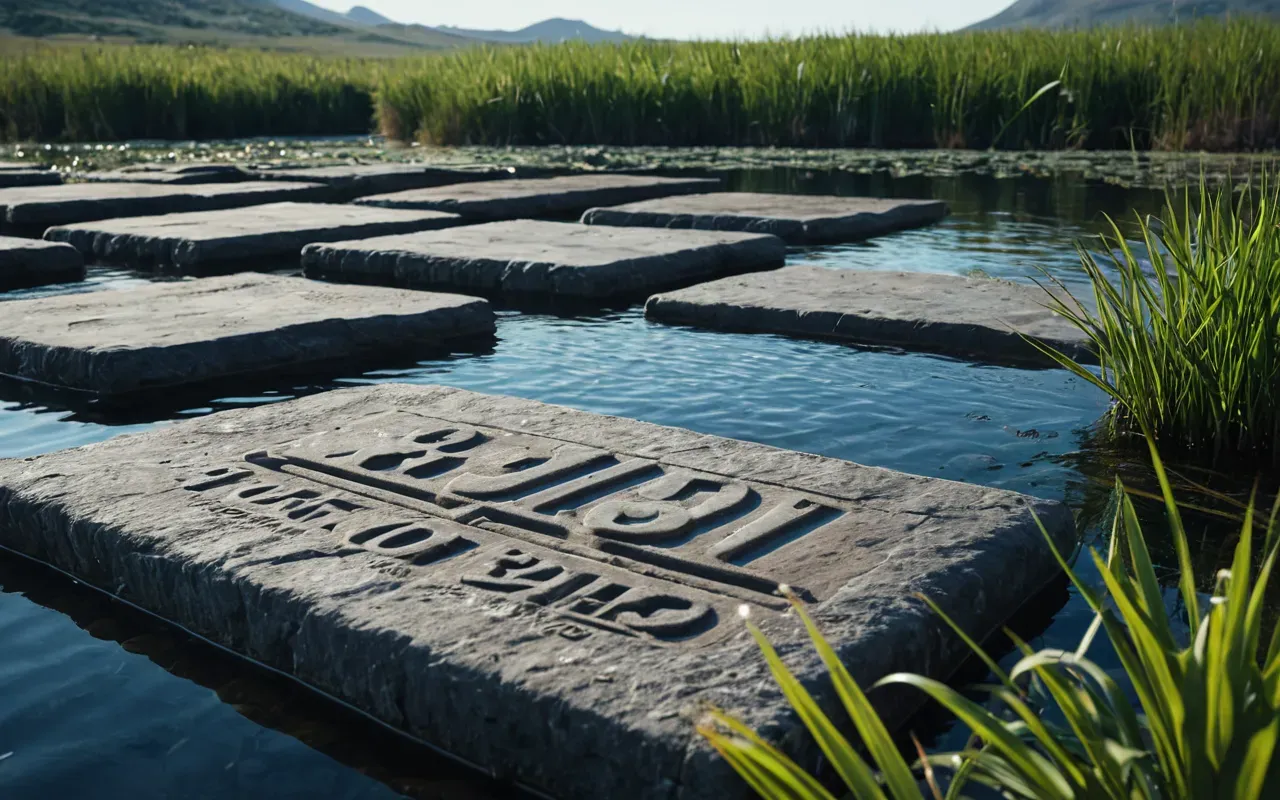 Photo-realistic view of a deep blue lake bottom where large smooth stone slabs are arranged in precise straight lines amidst silt and aquatic plants.