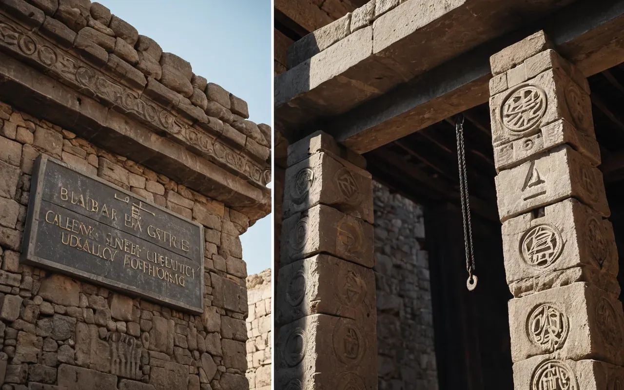 engineering era comparison Split view showing a modern construction crane lifting steel beams next to an ancient stone pillar under the same lighting conditions for visual comparison of different eras of engineering capability
