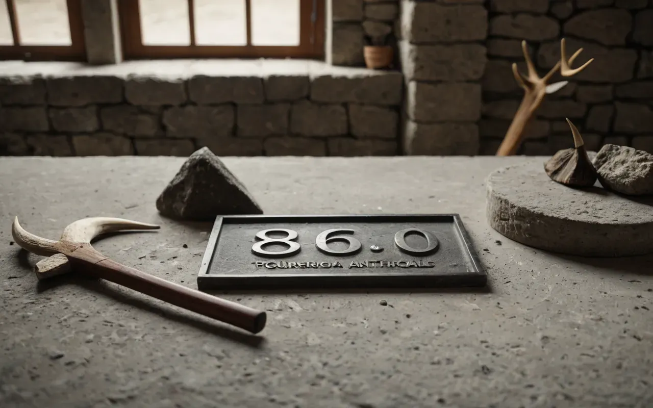 ancient technologies Still life of stone tools and antler picks arranged on a neutral concrete surface with soft diffused lighting showing the rough texture of ancient materials without any text or labels.