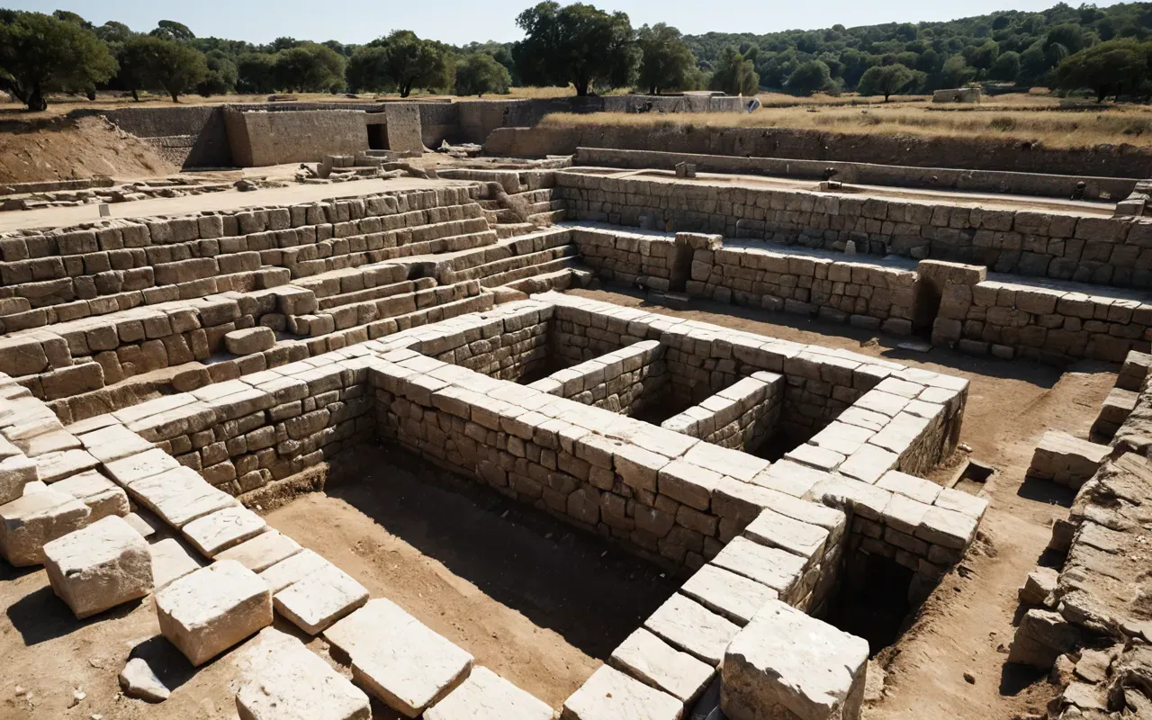 Wide angle shot of a modern archaeological excavation site with deep trenches revealing large limestone blocks partially buried in earth under bright midday sun showing the scale of human labor and ancient stone construction layers.