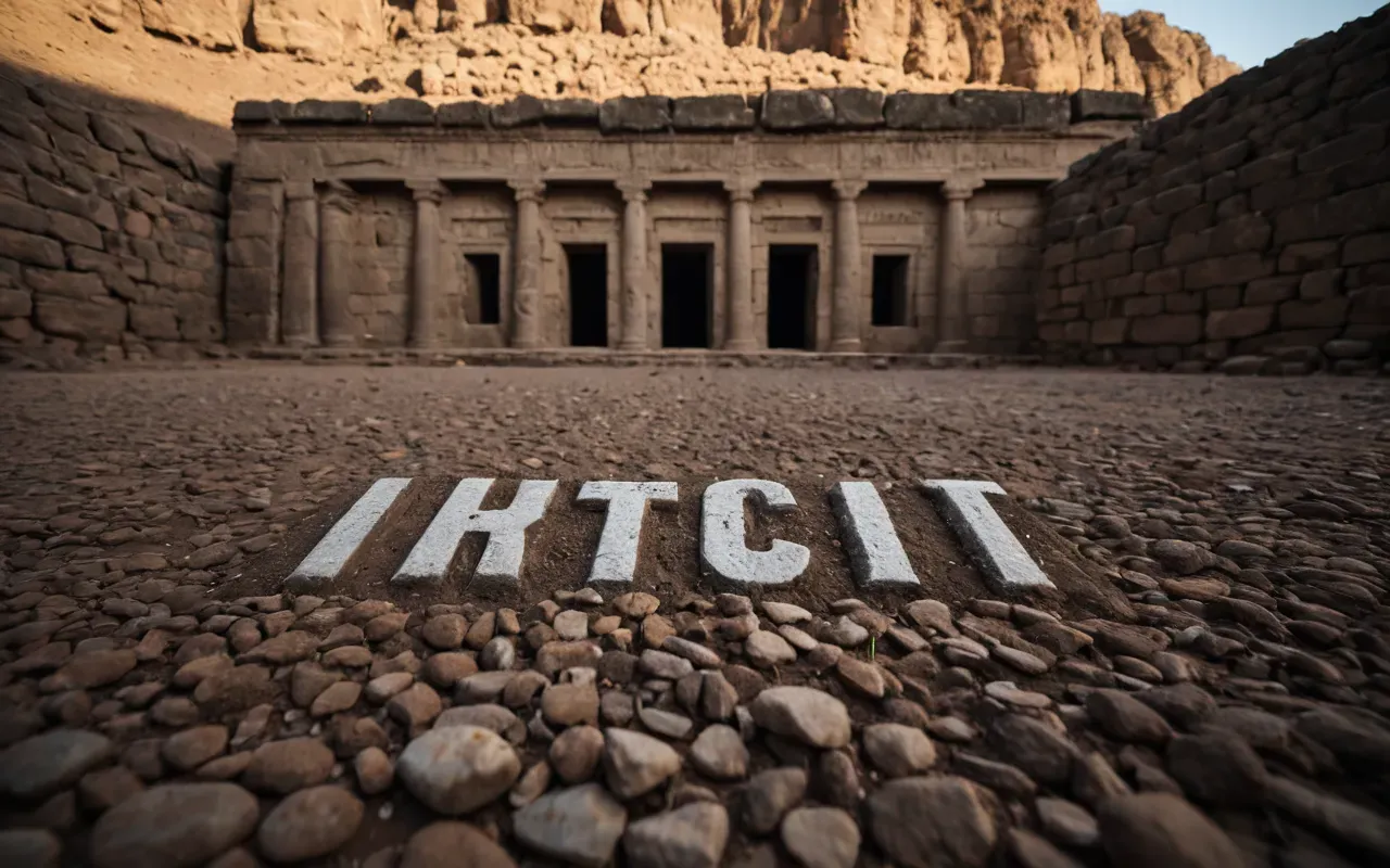 Wide angle shot of ancient stone structures partially covered in earth with soft morning light highlighting the texture of the rock and soil layers.