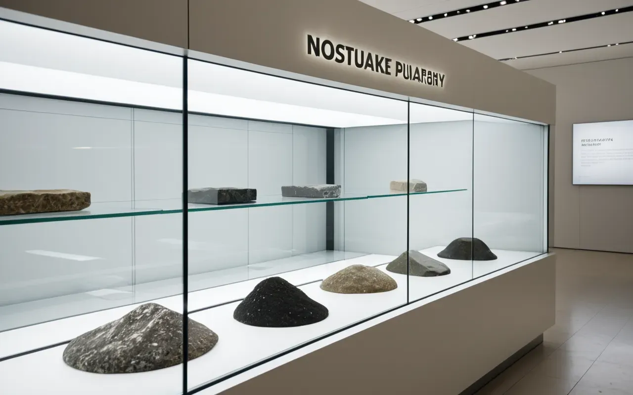 museum artifact display setting Wide angle view of a modern museum display case with stone artifacts under bright white lighting and clean neutral background walls